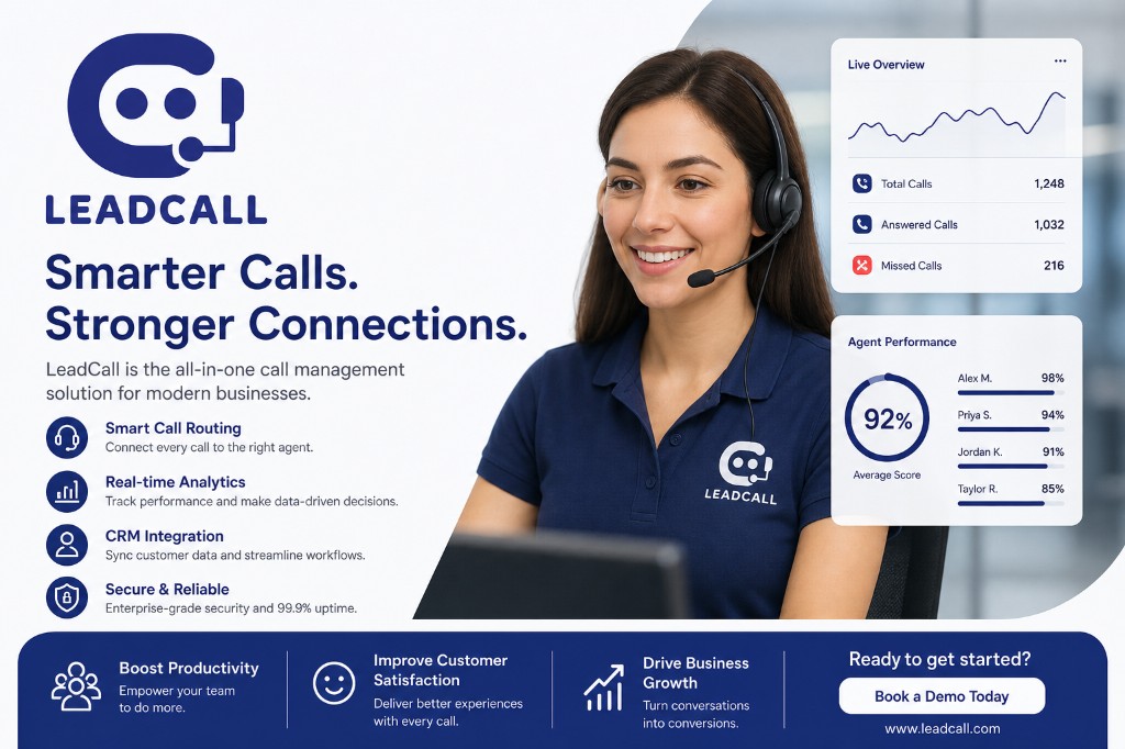 معاينة لوحة LeadCall — مخطط Live Overview وحلقة Agent Performance فوق موظف يرتدي سماعة رأس.